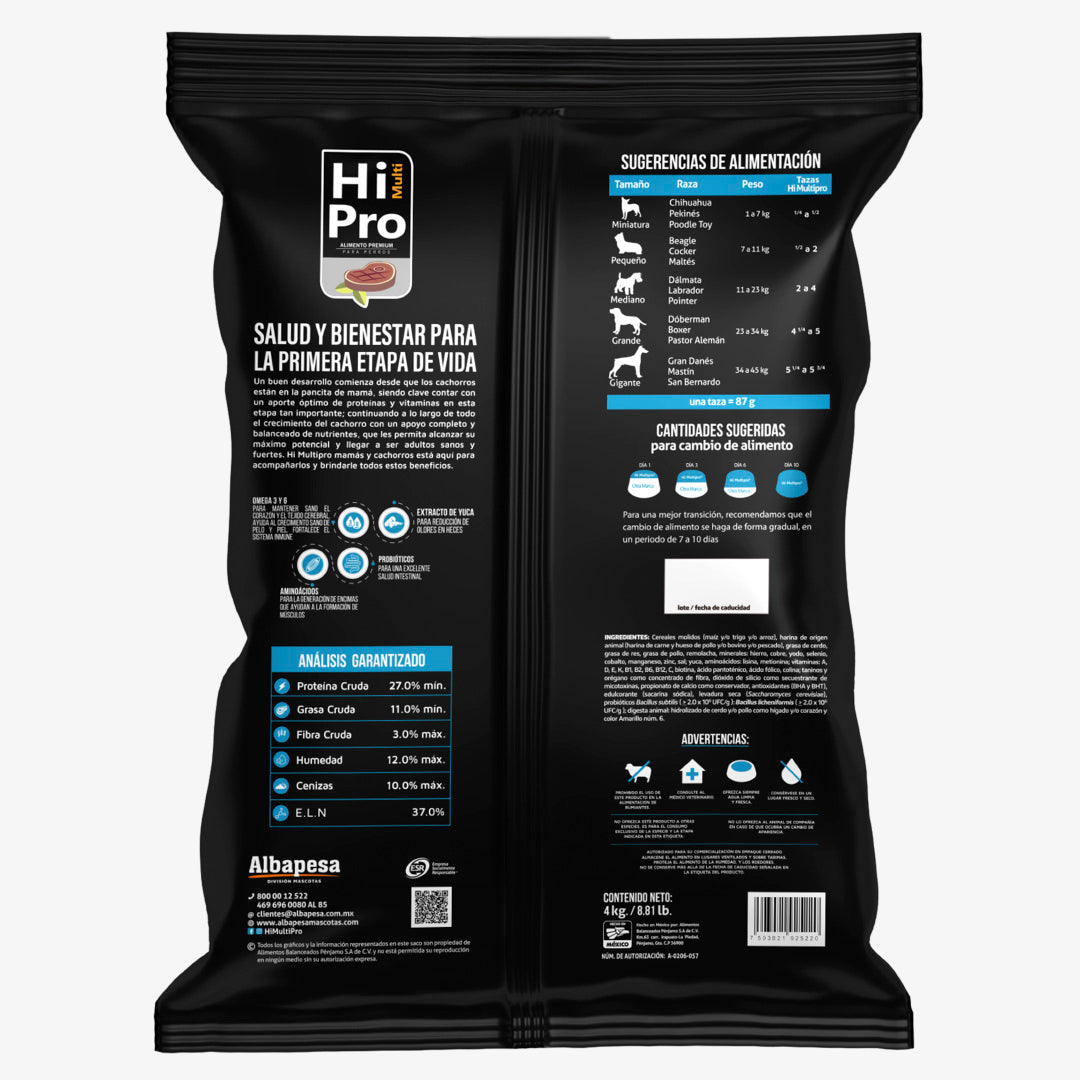 HI MULTI PRO Alimento Premium Cachorro 4 Kilos, 100% Balance Nutricional. con probióticos, Calcio y Proteínas de Alto Valor biológico